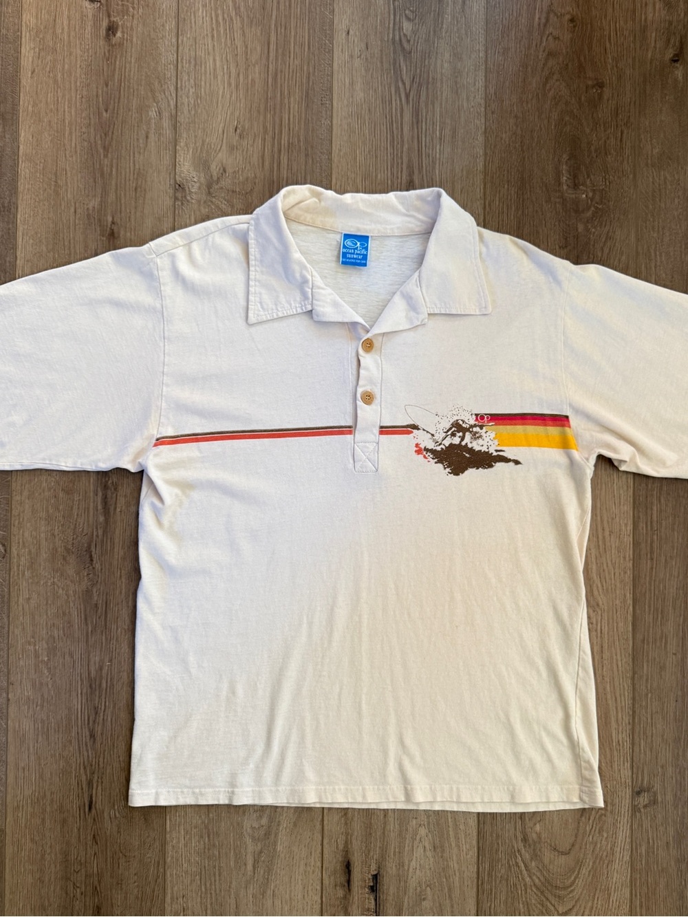 Rare Vintage 1970s Ocean Pacific Surf Polo Shirt Retro Sunset Stripe Blue Tag
